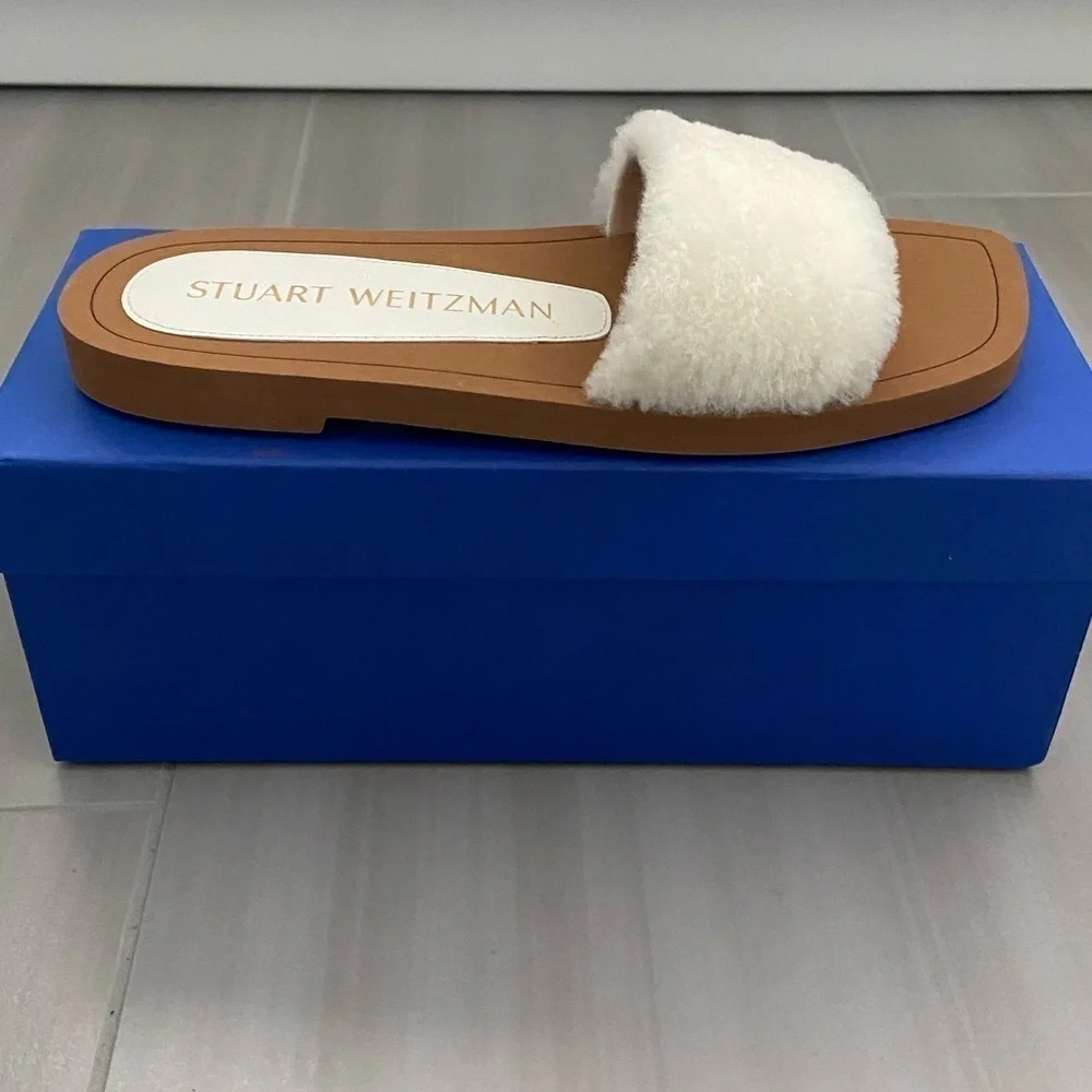 NWT Stuart Weitzman Cammy Shearling Slides White Size 6.5B US 37 EUR